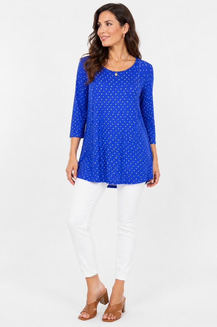 Lucky Brand Blue Dot Print Tunic Top 2X 3/4 Sleeve Cotton Blend Boho EUC